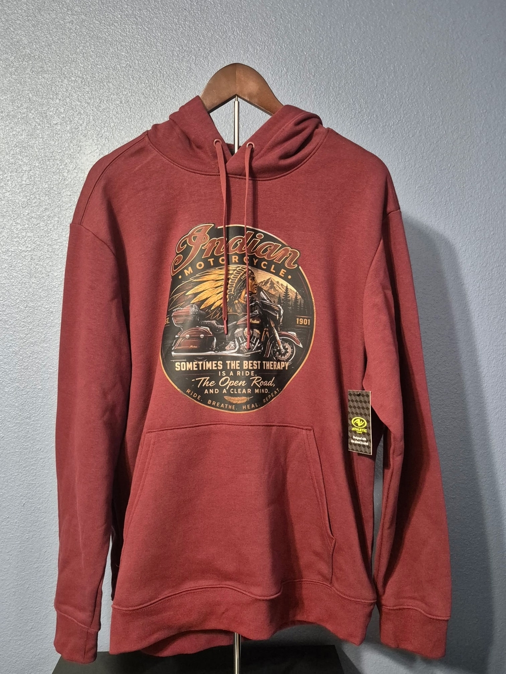 Athletic Works Rust Red Indian Motorcycle Graphic Pullover Hoodie